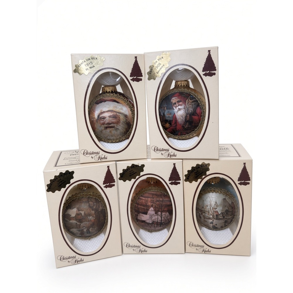Vintage Christmas by Krebs Ornaments Santa/Masters on Silk Glass Lot of 5 Boxed